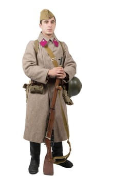 young Soviet soldier with winter uniform isolated on the white background