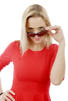 beautiful middle aged blond woman in  red dress and sunglasses
