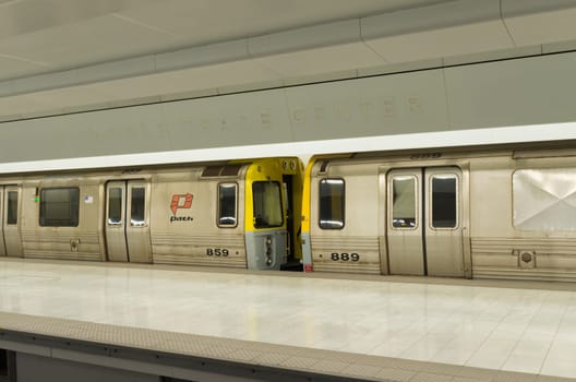 NEW YORK CITY - MAY 2, 2016: Path train on platform at the New York World Train Center station. The Port Authority Trans-Hudson trains run 24 hours a day and 7 days a week.