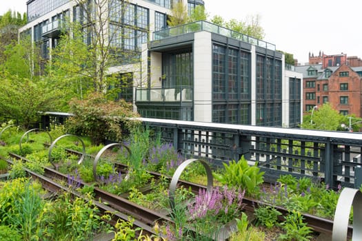 Urban public park on a historic train freight line in Chelsea, Manhattan