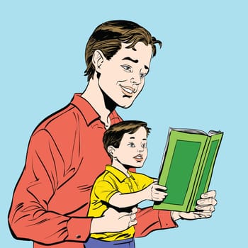 father and son reading a book, sketch vector illustration. Literature and education