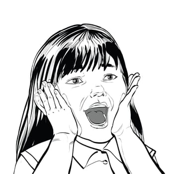 Wow screams cute girl black and white illustration, sketch vector. Surprise and wonder. Childrens emotions