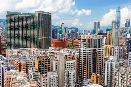 Hong Kong business center with a clear blue sky