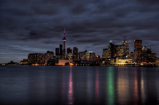 Night Shot Toronto City in Ontario Canada Lake reflection