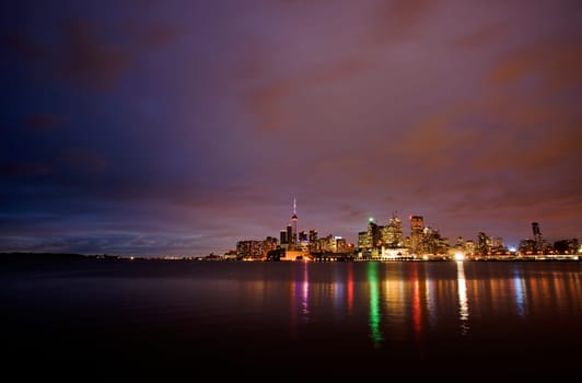 Night Shot Toronto City in Ontario Canada Lake reflection