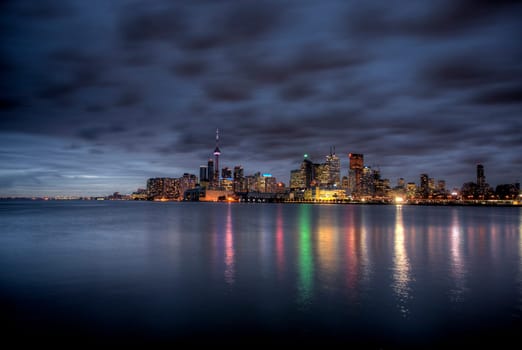 Night Shot Toronto City in Ontario Canada Lake reflection