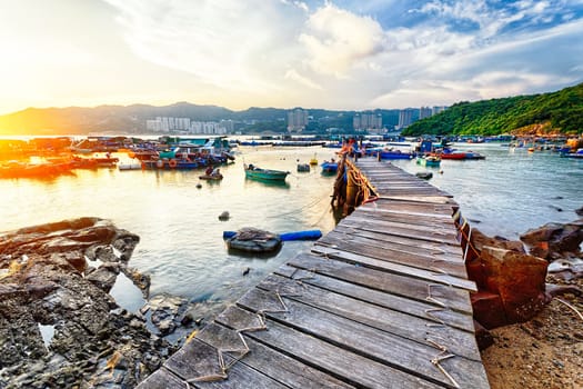 Boat pier at sunset. Beautiful landscape in hong kong