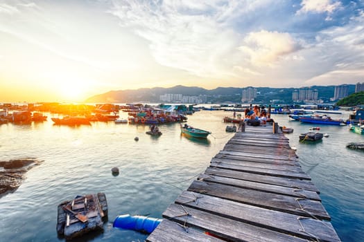 Boat pier at sunset. Beautiful landscape in hong kong