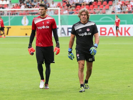 Football goalkeeper Andre Weis and goalkeeper coach Gerald Ehrmann (both 1.FC Kaiserslautern) at the DFB-Pokal 2016/17 - 1st round - Hallescher FC against 1.FC Kaiserslautern