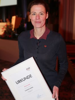 Claudia Bokel with badge of honour of the German Olympic Sports Confederation (DOSB) at the 13th General Assembly of the DOSB on 03.12.2016 in Magdeburg