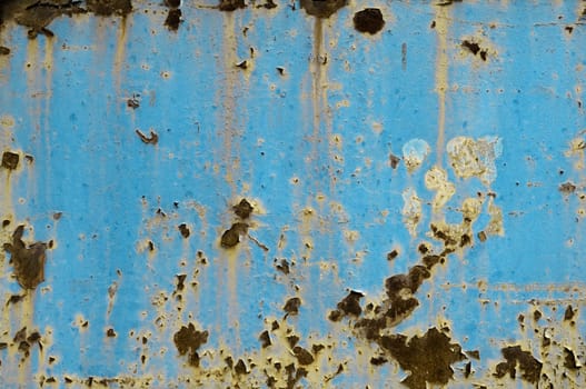 Old rusty light blue metal background with stains