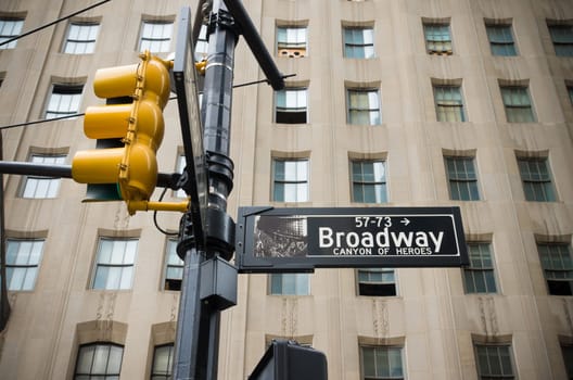 broadway street sign with yellow traffic lights in new york city