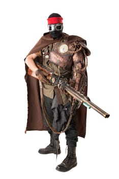Futuristic soldier posing with gun and armor isolated in white