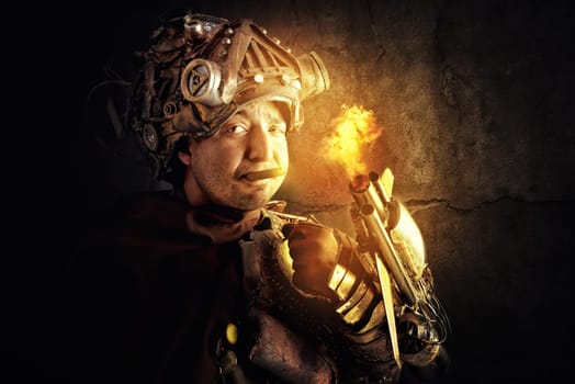 Futuristic soldier lighting a cigar with his own gun