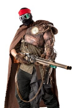 Futuristic soldier posing with gun and armor isolated in white