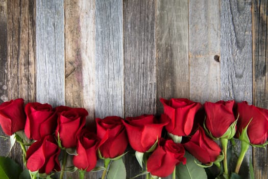 Romantic red roses for a special occasions on a wooden background with copy space.