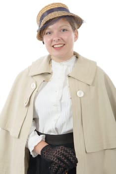 young smiling woman in vintage costume 1900s isolated on white background