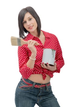 young brunette with pot of paint and brush on white background
