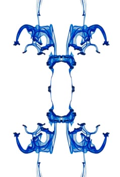 Abstract composing of a running blue ink drop in front of a white hintegrund.