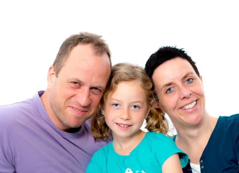 happy family with one daughter in front of white background