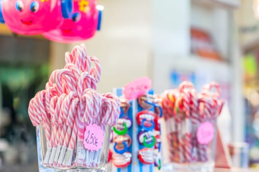 Classic candy canes for sale. Food or for decoration. Selective focus.