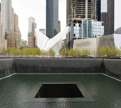 NEW YORK - APRIL 27, 2016: Ground zero memorial water basin in manhattan