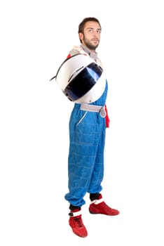 Racing driver posing with helmet isolated in white