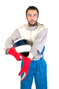 Racing driver posing with helmet isolated in white