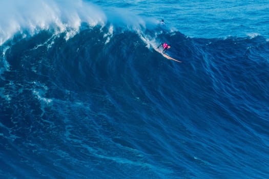 NAZARE, PORTUGAL - DECEMBER 20, 2016: Nic Lamb (USA) during the Nazare Challenge 2016 - Big Wave Tour #3 at Praia do Norte - Nazare, Portugal.