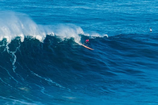 NAZARE, PORTUGAL - DECEMBER 20, 2016: Nic Lamb (USA) during the Nazare Challenge 2016 - Big Wave Tour #3 at Praia do Norte - Nazare, Portugal.
