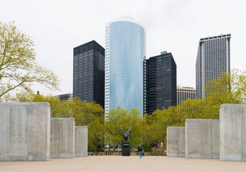 NEW YORK - APRIL 27, 2016: East coast memorial in battery park, lower manhattan. This memorial honors the 4,601 missing American servicemen who lost their lives in the Atlantic Ocean while engaged in combat during World War II.