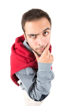 Young nerd thinking isolated in a white background