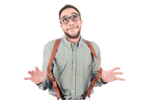 Happy nerd posing isolated in a white background