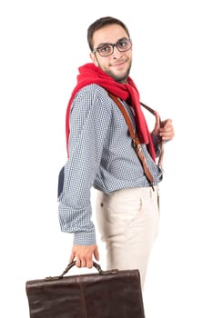 Young nerd posing with case isolated in a white background