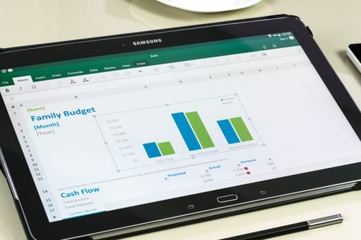 Krynica, Poland - December 19, 2016 - Microsoft Office Excel application on Samsung Galaxy Note Pro 12.2. Microsoft Excel is a spreadsheet developed by Microsoft Corporation for Windows, macOS, Android and iOS.