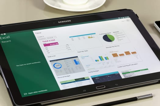 Krynica, Poland - December 19, 2016 - Microsoft Office Excel application on Samsung Galaxy Note Pro 12.2. Microsoft Excel is a spreadsheet developed by Microsoft Corporation for Windows, macOS, Android and iOS.