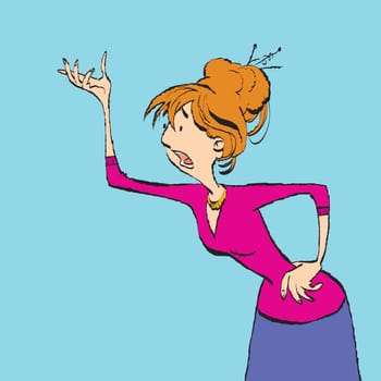 Young angry woman screaming and scandals, color caricature illustration