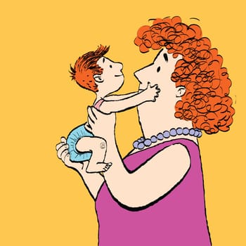 Red family mother and son, color caricature illustration