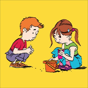 Boy and girl playing in the sandbox, color caricature illustration. Sand and pail