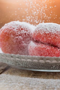 Close up colorful cookies dessert with vintage pastel tone and snowing sugar