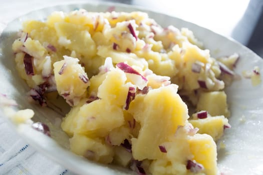 Potato salad with onions  (Selective Focus, Focus one third into the bowl)