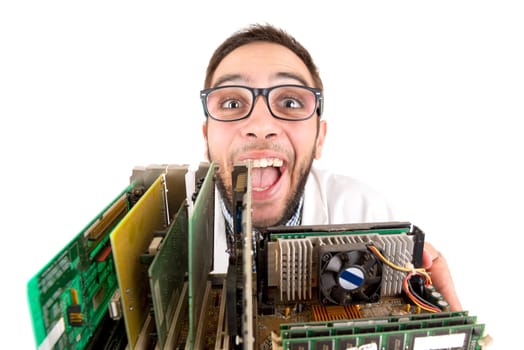 Nerd engineer posing with computer components isolated in a white background