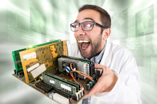 Nerd engineer posing with computer components isolated in a white background