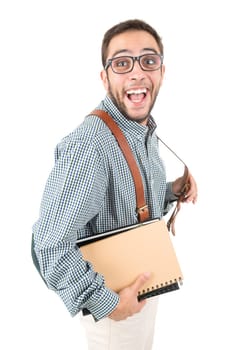 Nerd student posing with books against a white background