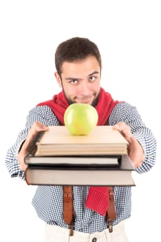 Young nerd student posing with books and apple isolated in a white background