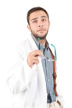 Nerd doctor posing isolated in a white background