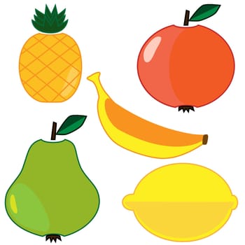 Set of different fruits. Flat vector icons in cartoon style on white background. Pineapple, pear, lemon, banana and apple.