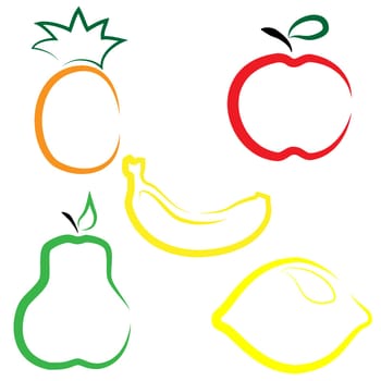 Set of different fruits. Flat vector icons in cartoon style on white background. Pineapple, pear, lemon, banana and apple.
