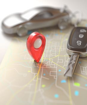 Car key on the map with local points of travel.