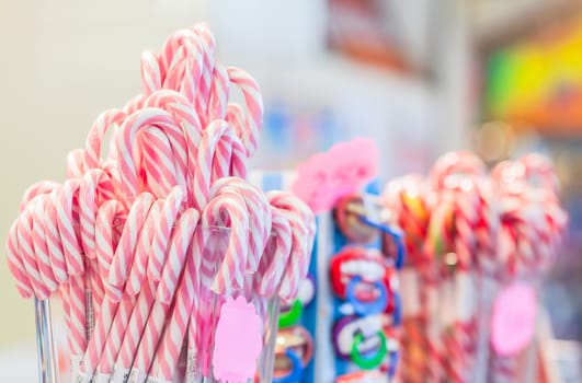 Classic candy canes for sale. Food or for decoration. Selective focus.